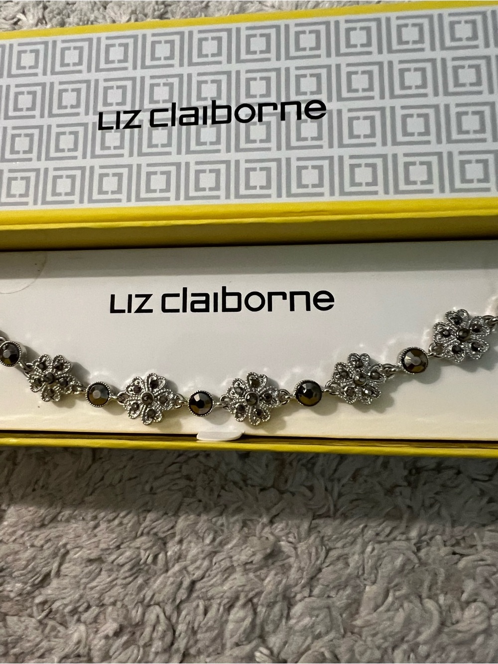 Liz Claiborne Silver Floral Link Bracelet with Hematite Accents